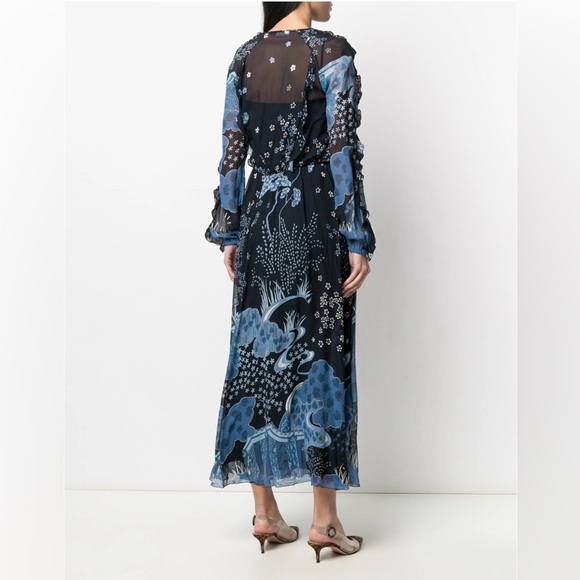 RED Valentino SS21 Oriental Toile De Jouy Print Silk Ruffle Maxi Dress M AS-IS - Picture 3 of 14